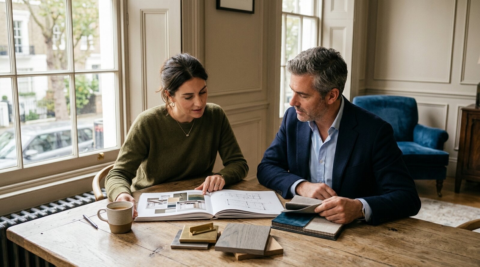 A London homeowner reviewing an interior designer's portfolio and material samples at a first consultation in a period townhouse