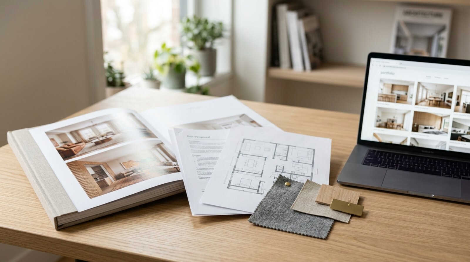 An interior designer's portfolio, floor plan and written fee proposal laid out for review before hiring