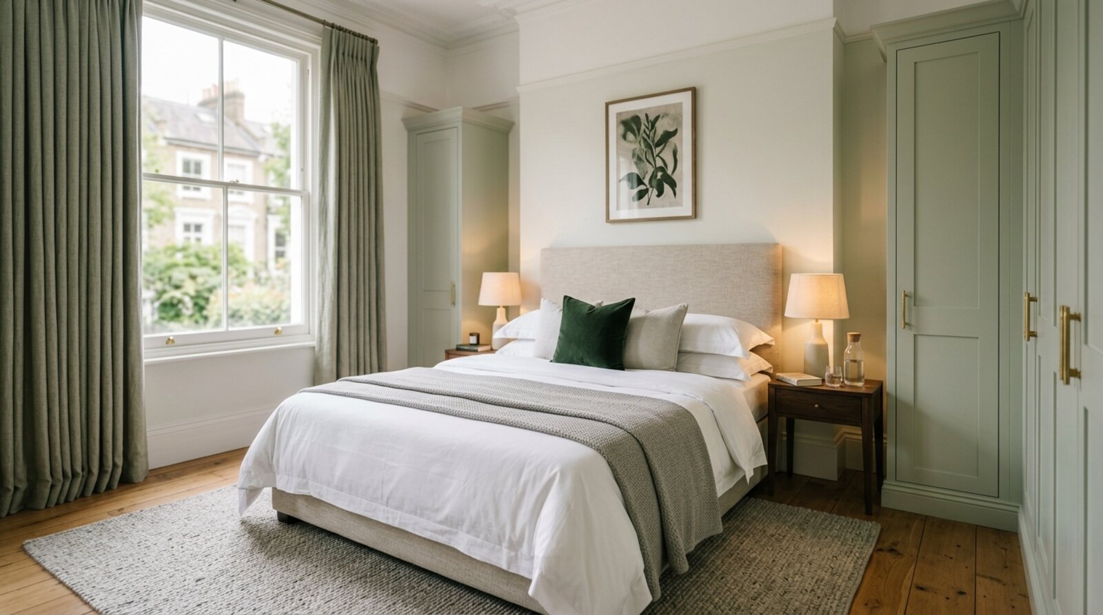 A calm, considered master bedroom in a London period home with a soft upholstered headboard, symmetrical bedside lighting and muted natural tones