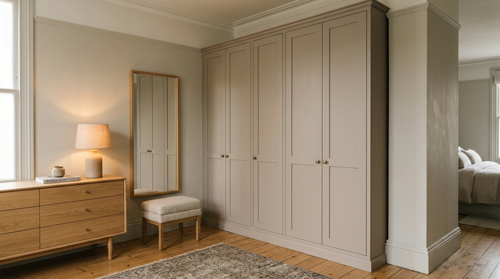 Fitted wardrobes in a period alcove beside a chimney breast forming a calm bedroom dressing zone