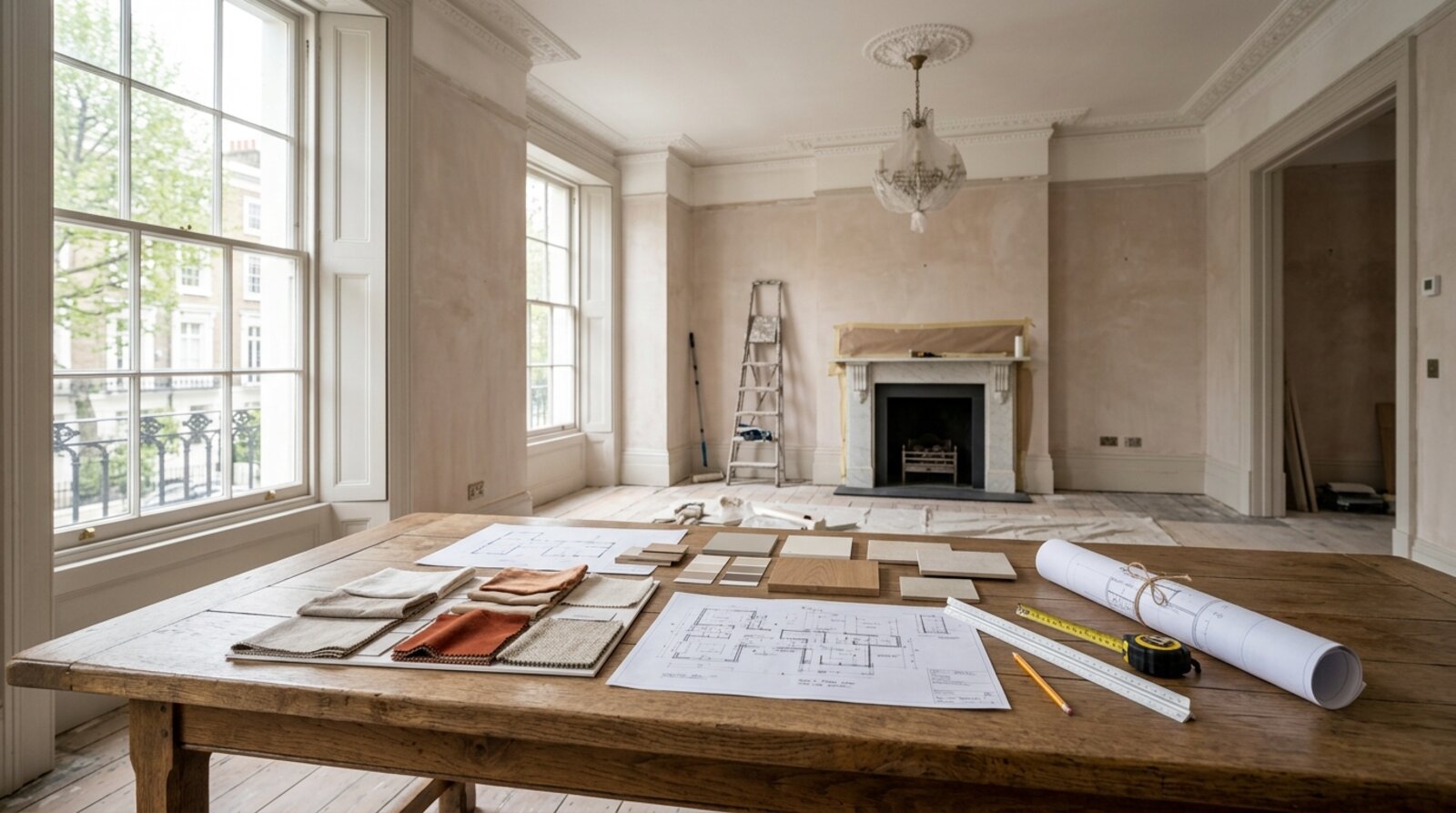Designer's floor plans, fabric swatches and mood board laid out in a London townhouse interior