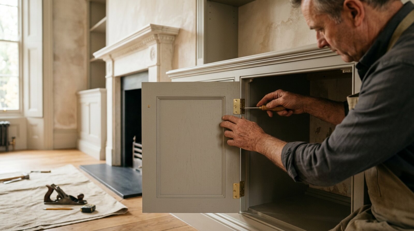 Bespoke fitted alcove joinery being installed in a period London home
