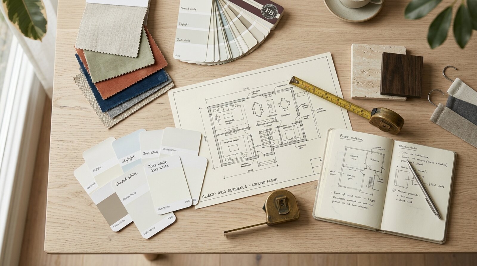 Fabric swatches, paint cards and a floor plan laid out on a desk during an interior design fee consultation