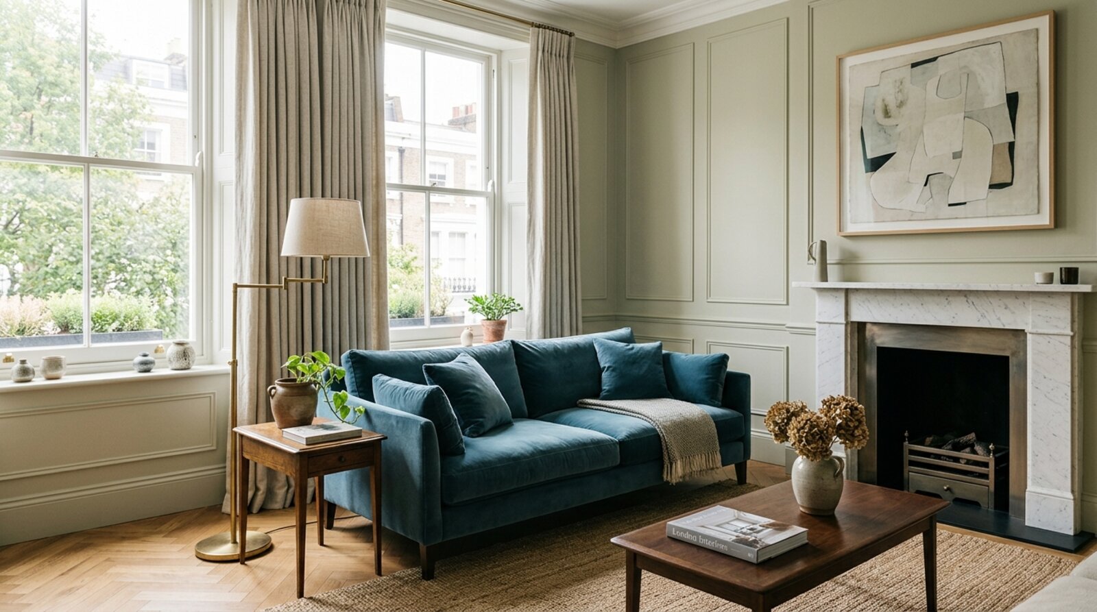 A bespoke Chelsea living room with a velvet sofa, panelled walls and brass lighting, the kind of high-end London interior design project this pricing guide covers