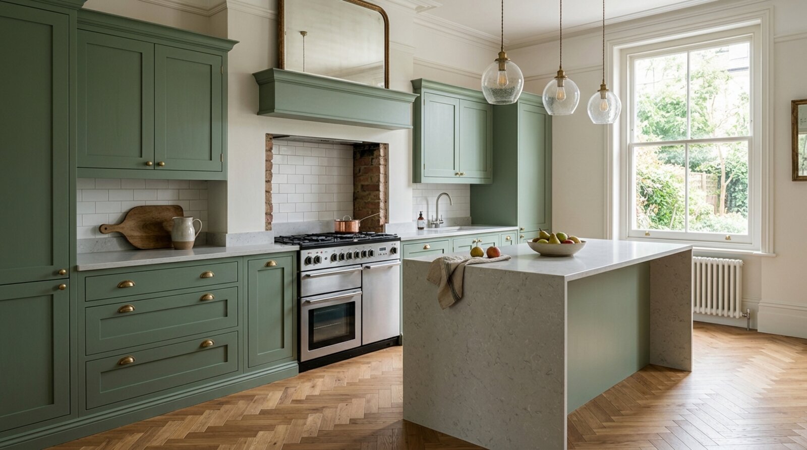 A modern bespoke kitchen fitted into a period Edwardian London home, with heritage-green cabinetry set against original tall skirting and a sash window